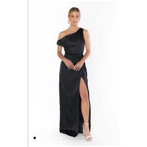 Show Me Your Mumu Jodie Dress Black‎ One Shoulder Satin Maxi Slit Size L